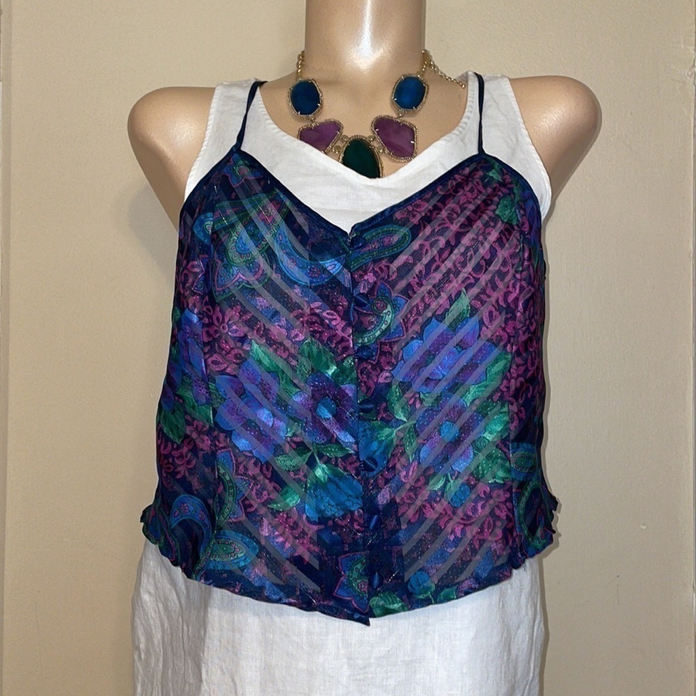 Cabernet women’s Large top shirt cami vintage sheer lingerie blue purple satin
